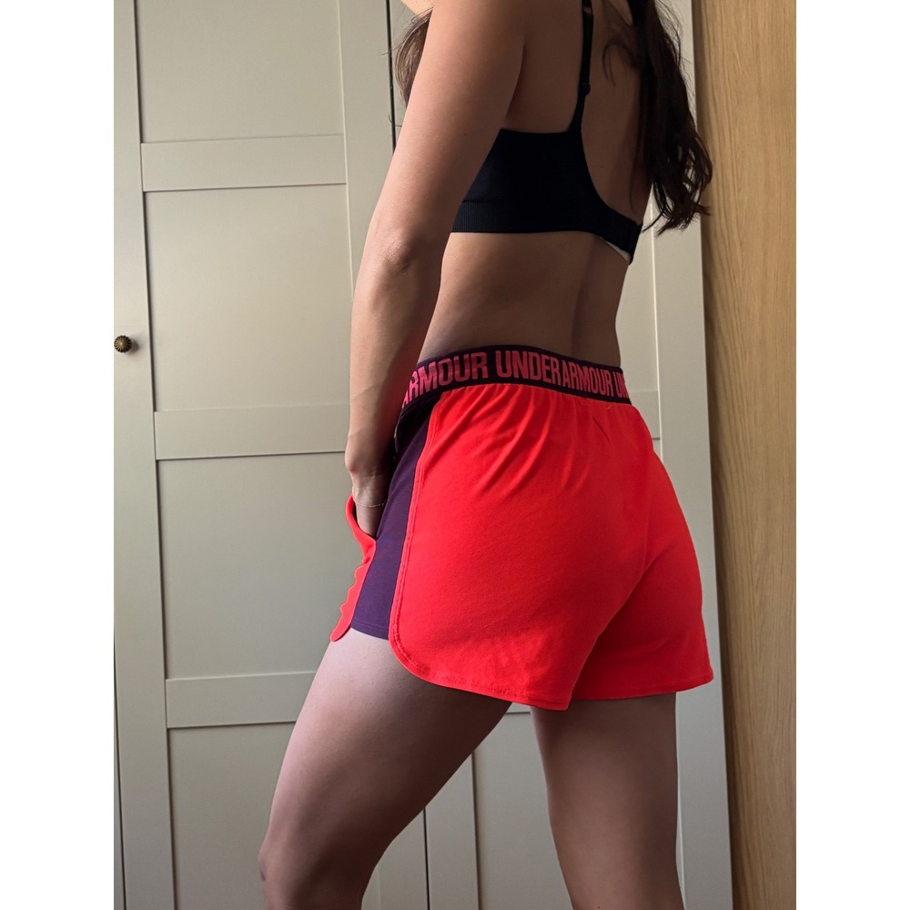 Under Armour Womens Play Up 2.0 Shorts Neon Coral Purple Athletic Running Small